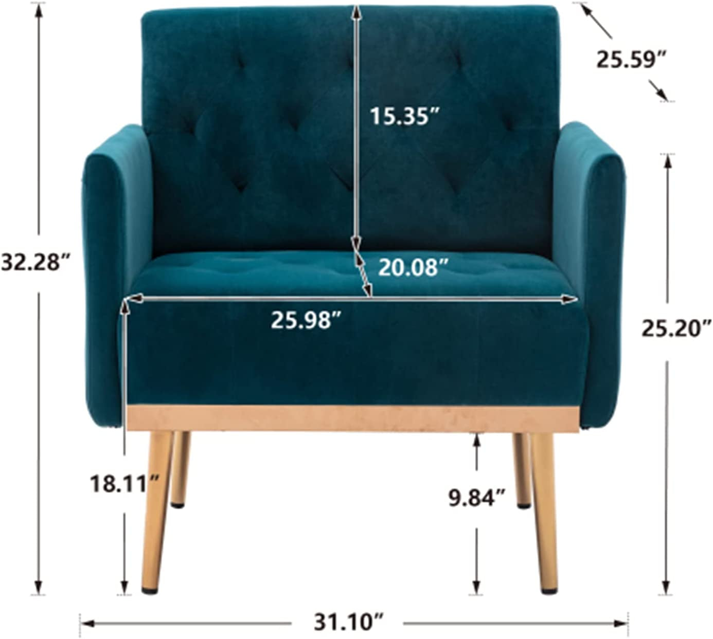 Square Velvet Accent Chair, Golden Metal Leg Single Sofa Chair, Living Room Chair, Bedroom Chair, Coffee Chair, Reception Chair (Teal)