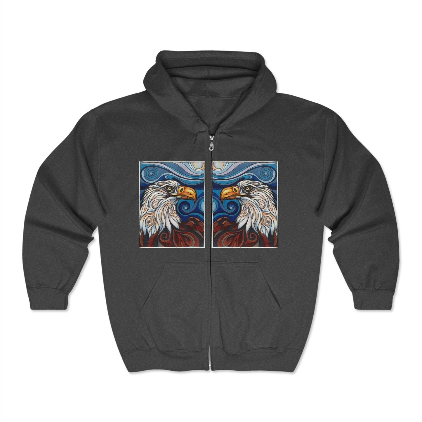 Eagle and Pattern Full Zip Hoodie - Unisex Heavy Blend Sweatshirt - Perfect for Nature Lovers - Deracco