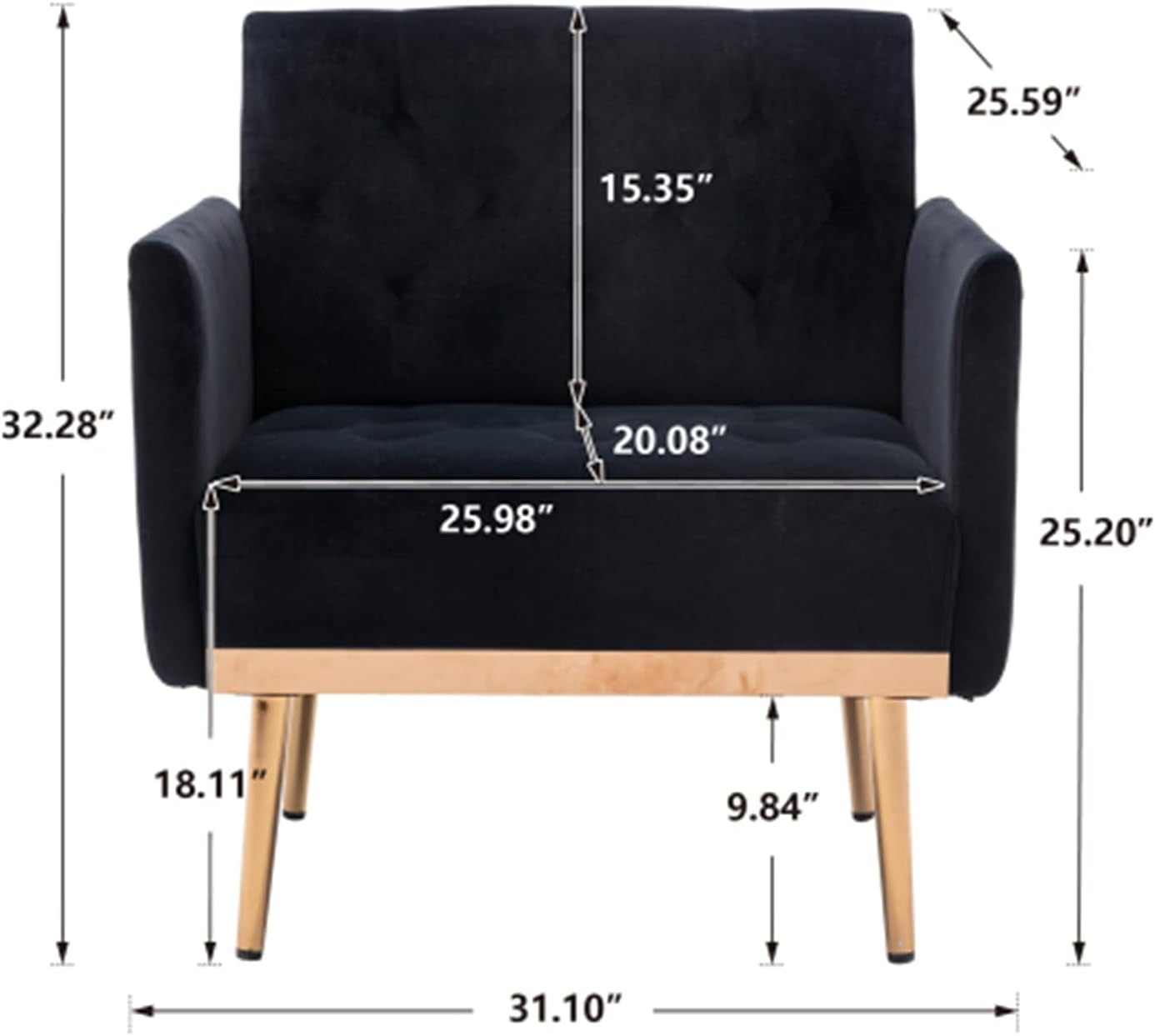 Square Velvet Accent Chair, Golden Metal Leg Single Sofa Chair, Living Room Chair, Bedroom Chair, Coffee Chair, Reception Chair (Black)