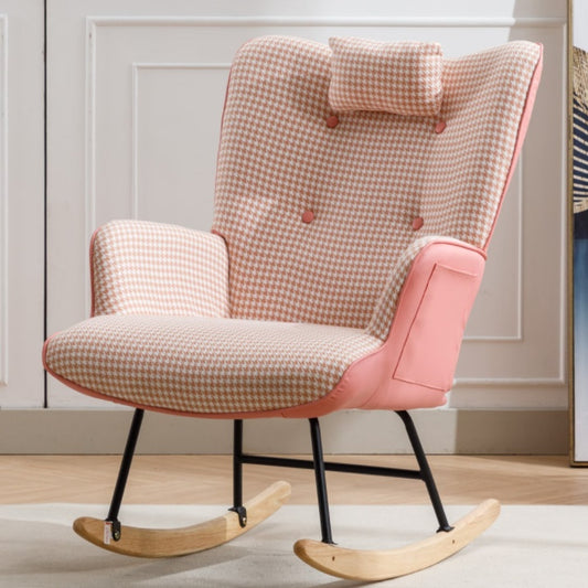 Soft Houndstooth Fabric Rocking Chair For The Baby Room, Comfortable Wingback Gliding Rocking Chair