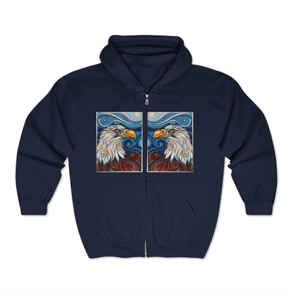 Eagle and Pattern Full Zip Hoodie - Unisex Heavy Blend Sweatshirt - Perfect for Nature Lovers - Deracco