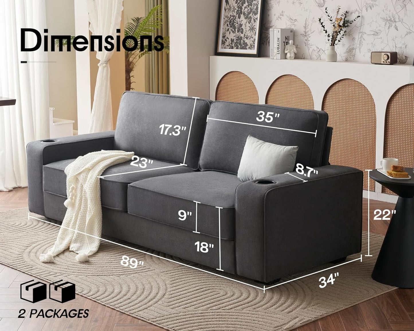 Sofa, Modern Sofa with USB & Cup Holders, Comfy Couch for Living Room (Grey Chenille)