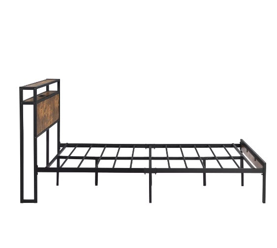 Queen Size Metal Platform Bed Frame With Wooden Headboard And Footboard With USB LINER