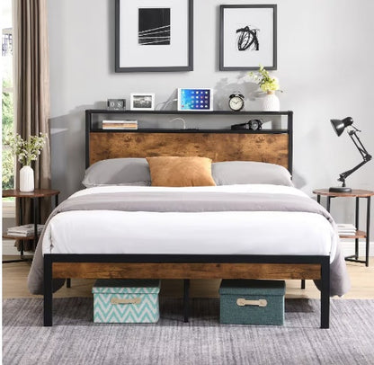 Queen Size Metal Platform Bed Frame With Wooden Headboard And Footboard With USB LINER