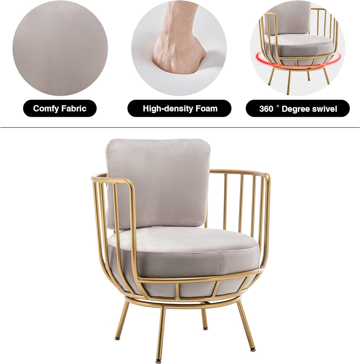 Accent Chair Upholstered Chair Swivel Barrel Chair round Chair Arm Chair Leisure Chair with Metal Frame Legs for Living Room Bedroom